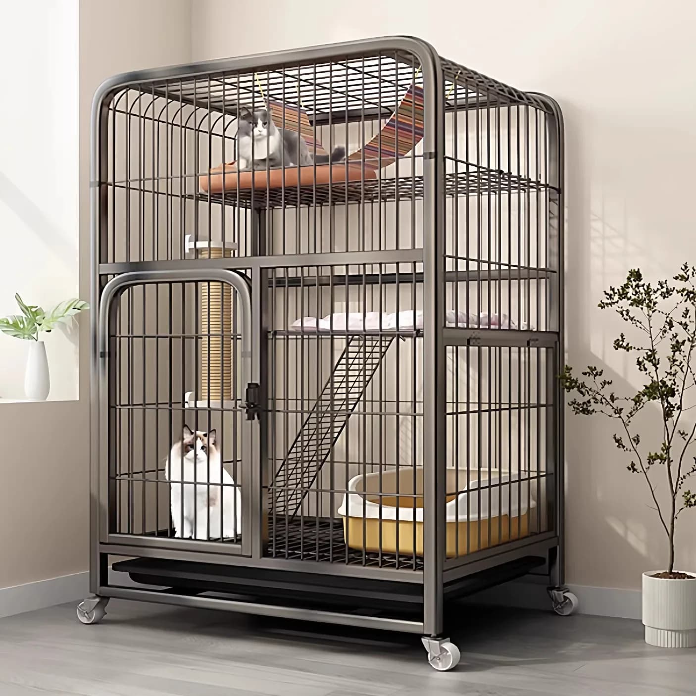 Iron Cat Cage for Home Use Extra-Large Indoor Breathable Cat Villa with Integrated Litter Box and Climbing Frame
