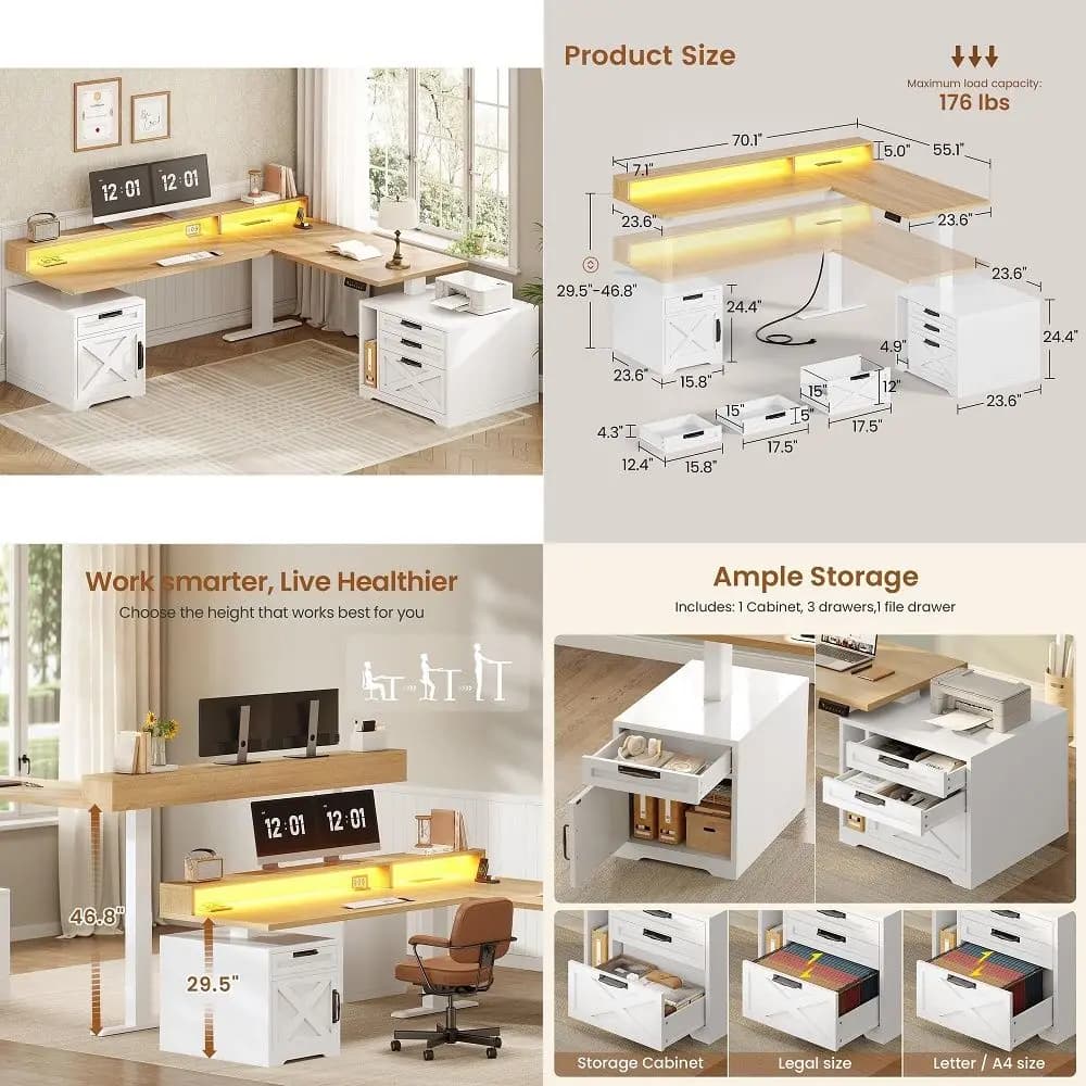 Farmhouse L Shaped Standing Desk, 70.1 x 73.2 Height Adjustable Home Office Executive Desk with Drawers, Power Outlet, Monitor