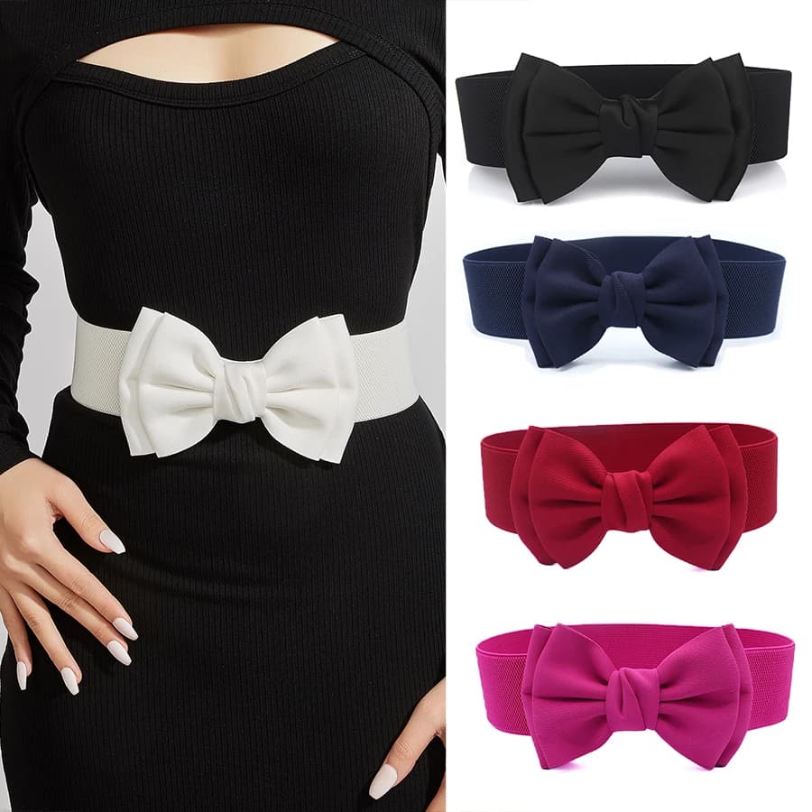 Cintura elastica larga da donna con fiocco grande, cintura alla moda con fiocco tinta unita per decorare vestiti e accessori.