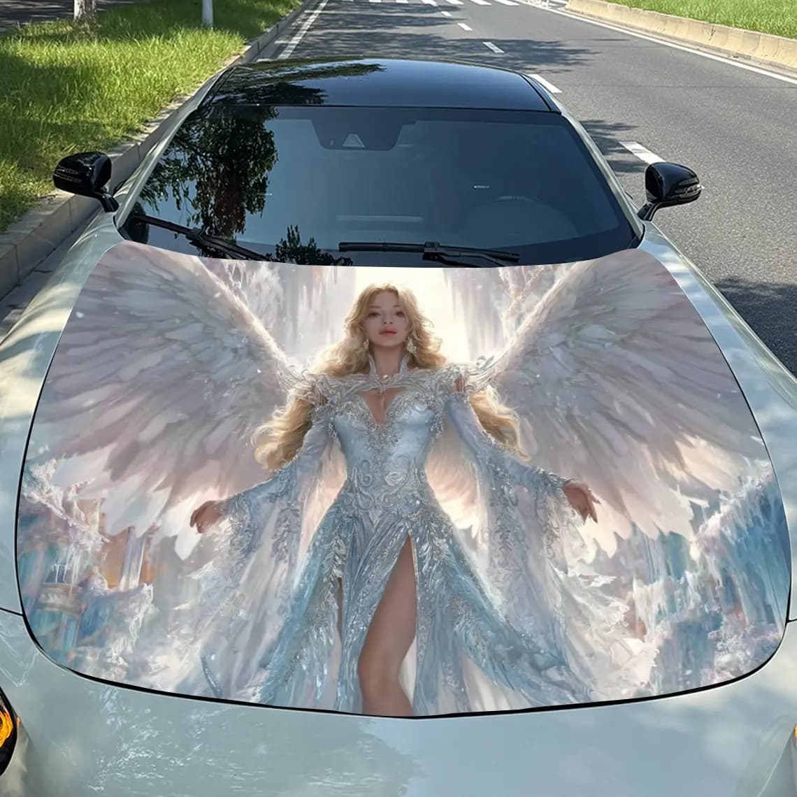[Construction durable] Car hood stickers with winged angel: scratch resistant PVC material, weather resistant, easy to attach, addition of B