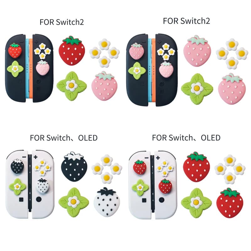 Cover in Silicone Morbido a Tema Fragola Primaverile con Adesivi per Pulsanti D-pad e Tasti ABXY per Switch 2/NS Oled e Cappucci Grip per Thumb Stick Joy-con
