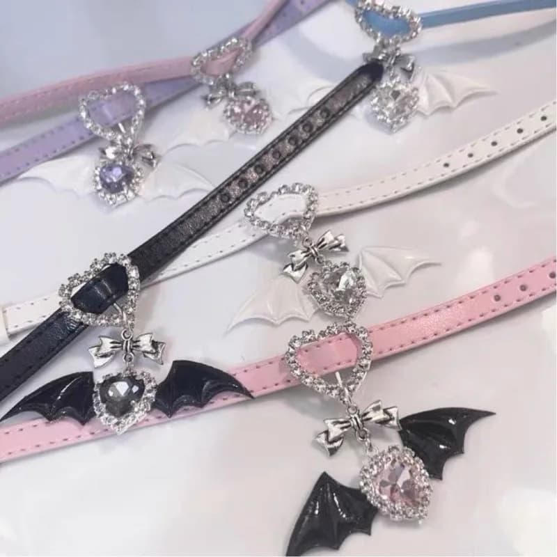 Lolita leather love angel little devil bow rhinestone bracelet choker collar subculture