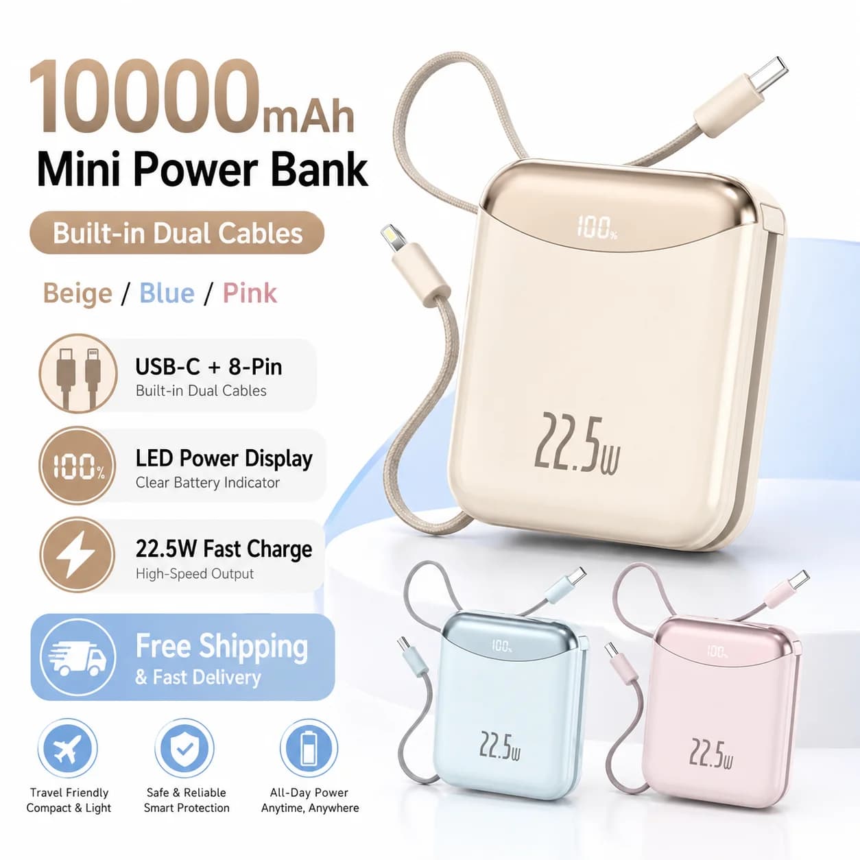 10000mAh Fast Charging Mini Power Bank with Built-in USB-C & 8-Pin Cables, LED Digital Display, Compact Portable Charger