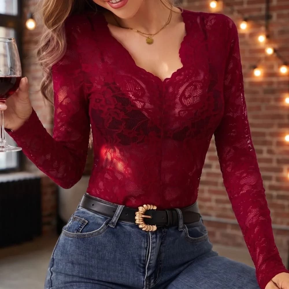Undershirts V Neck Lace Sheer T-Shirts Long Sleeve See Through Sheer Lace Tops Blouses Hollow Out Base Layer Shirt Daily