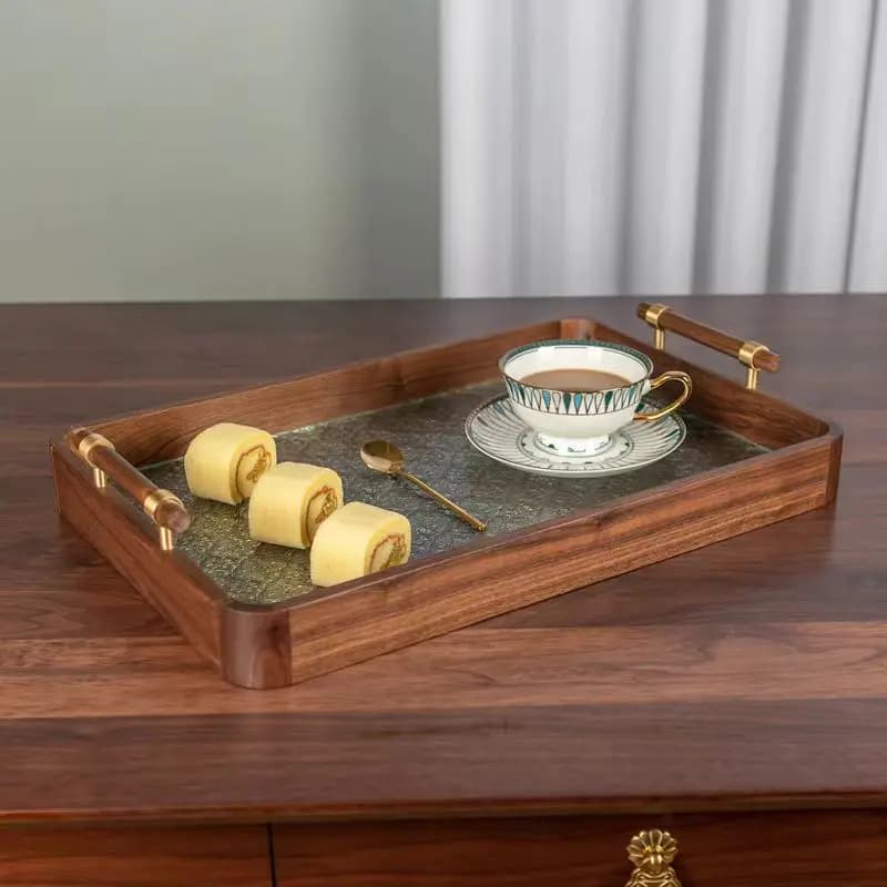 Vassoio rettangolare cinese in legno di noce nero, vassoio in legno per frutta secca con vetro per uso domestico
