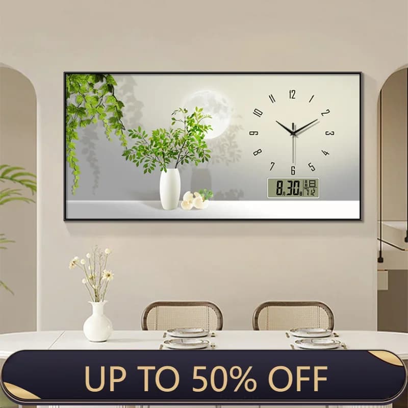 Simple Green Plant Perpetual Calendar Electronic Wall Clock Living Room Dining Room Decorative Painting Wall Clock