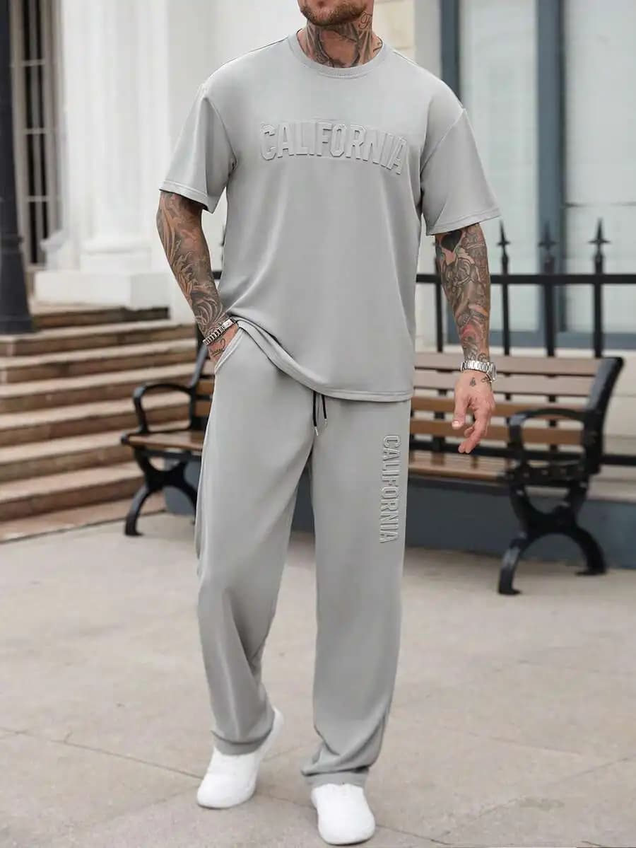 Mens Casual Solid Color Letter Embossed T-Shirt And Sweatpants Set Summer Streetwear Two Piece Outfit