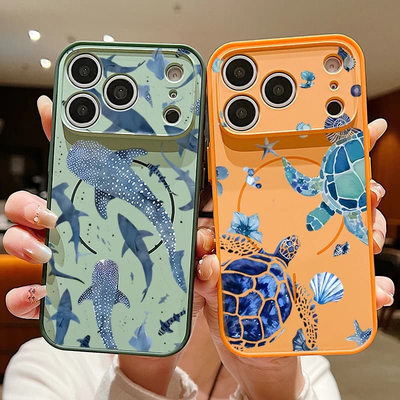 Sharks Turtle Print Magnetic Phone Case For iPhone 17 Pro 16 15 14 13 Pro Max For Magsafe Wireless Charge Soft TPU Hard PC Cover