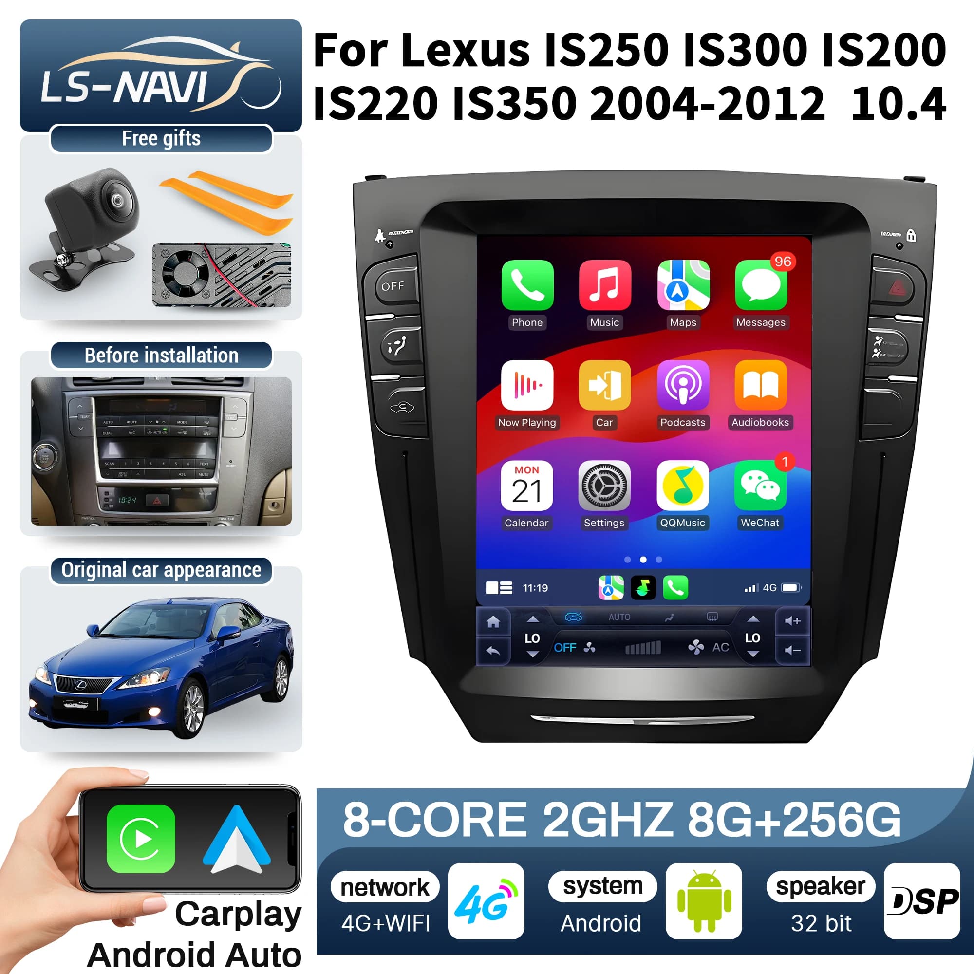 Autoradio da 10.4' per Lexus IS250 IS300 IS200 IS220 IS350 2004-2012 Sistema stereo touch screen con carplay wireless BT