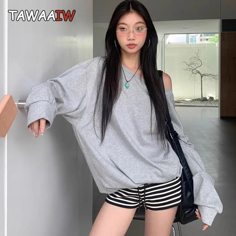 Tawaaiw Casual Off Spalla Y2k Felpa con cappuccio Solido Allentato Manica lunga Harajuku Autunno Magliette e camicette Felpe da donna Chic 2000s Streetwear