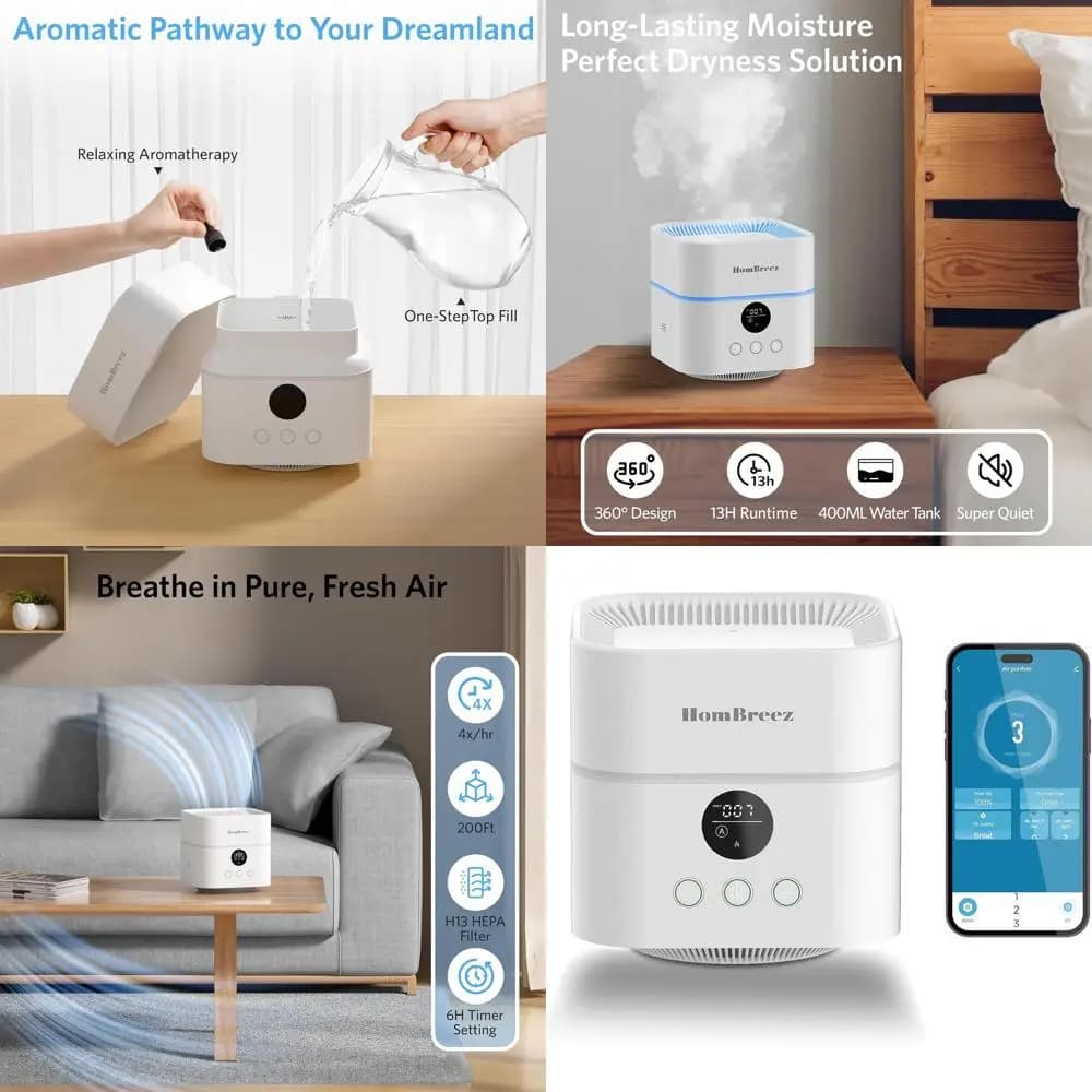 Purificatore d'Aria per Grandi Ambienti con Filtro HEPA, Serbatoio Nebulizzatore da 500ml, Diffusore di Oli Essenziali, Funzionamento Silenzioso, Controllabile tramite App