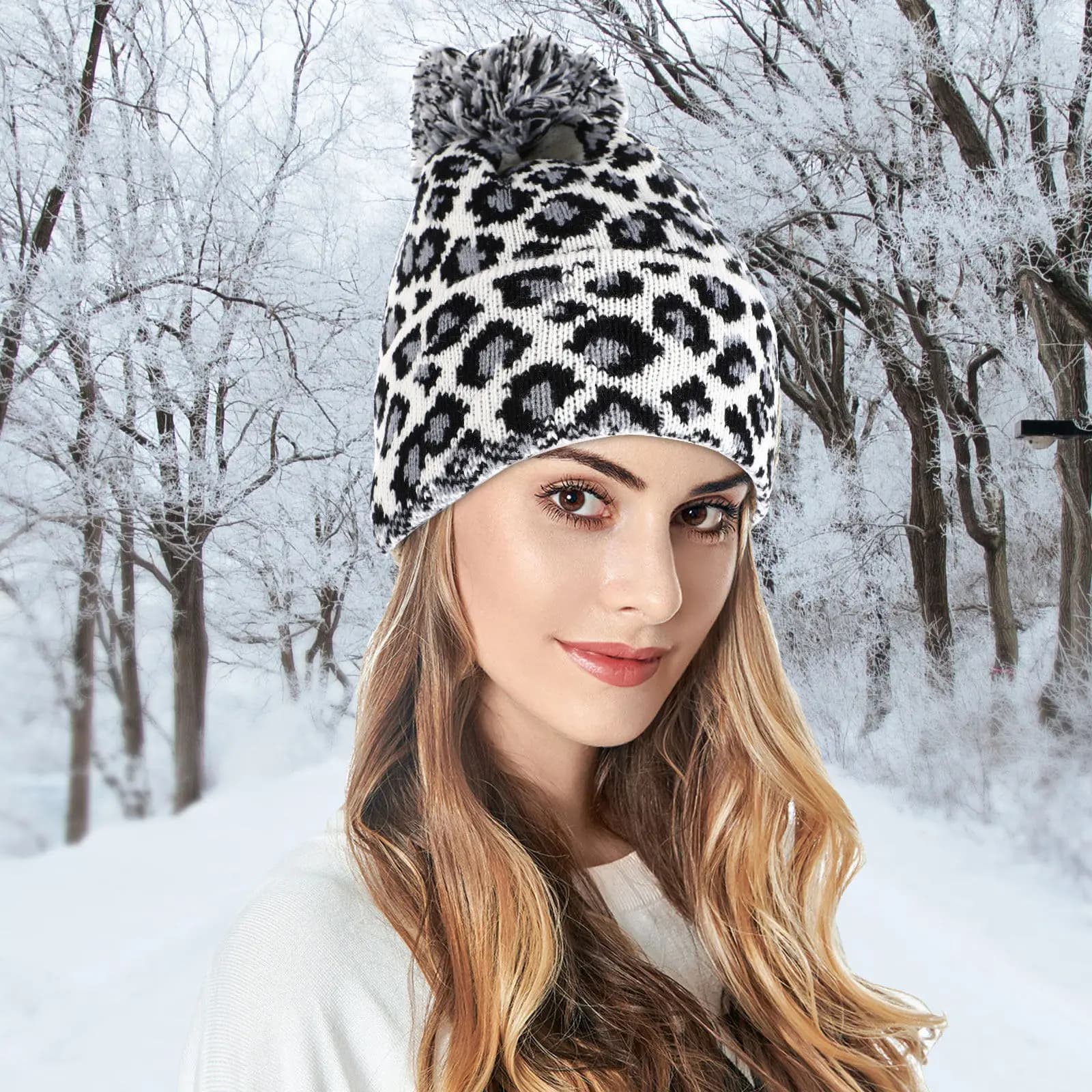 Cappello Invernale in Lana Lavorata a Maglia per Donna, Motivo Leopardato, Morbido e Confortevole, Delicato sulla Pelle, Berretto alla Moda per Famiglia