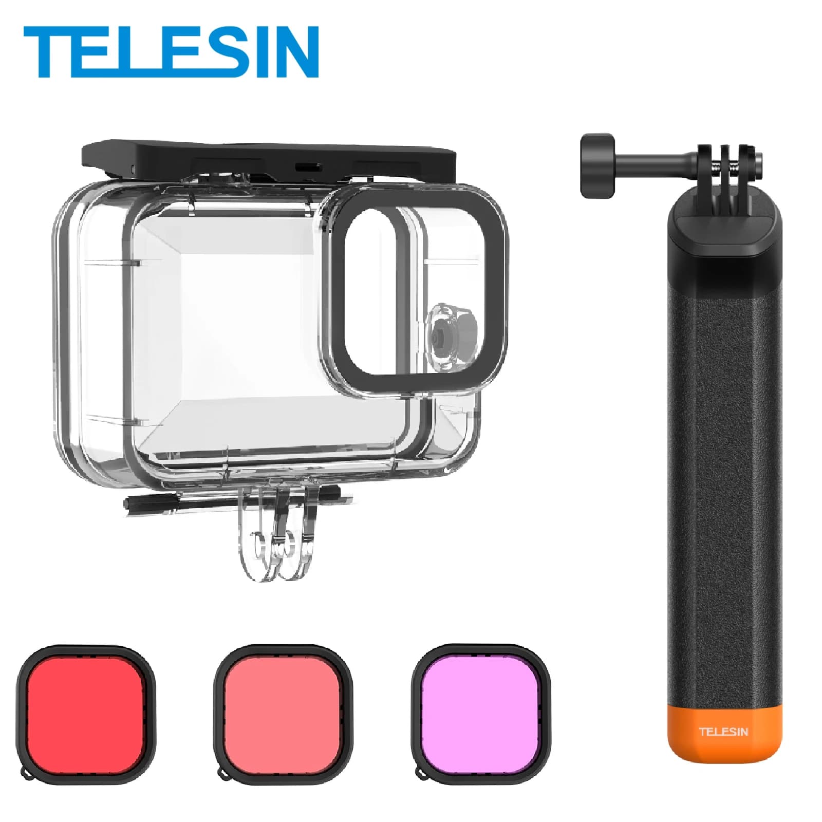TELESIN 60M Custodia impermeabile per Gopro Hero 13 12 11 10 9 Diving Custodia protettiva subacquea Filtro per lenti Set di aste di galleggiamento