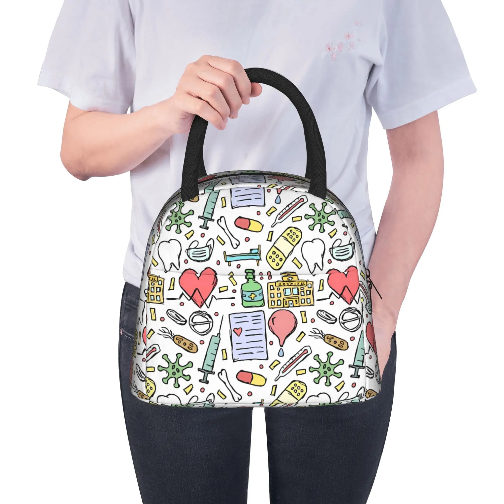 Cute Nursing Pattern Nurse Lunch Bag Kawaii Lunch Box Travel Convenient Tote Food Bags For Unisex Waterproof Graphic Cooler Bag