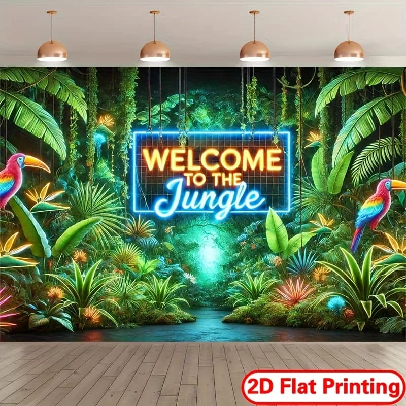 Incantevole Tappeto con Insegna Luminosa a Tema Giungla - Benvenuti nella Giungla - Piante della Foresta Tropicale, Pappagalli - Decorazione per Locali Notturni, Bar, Feste