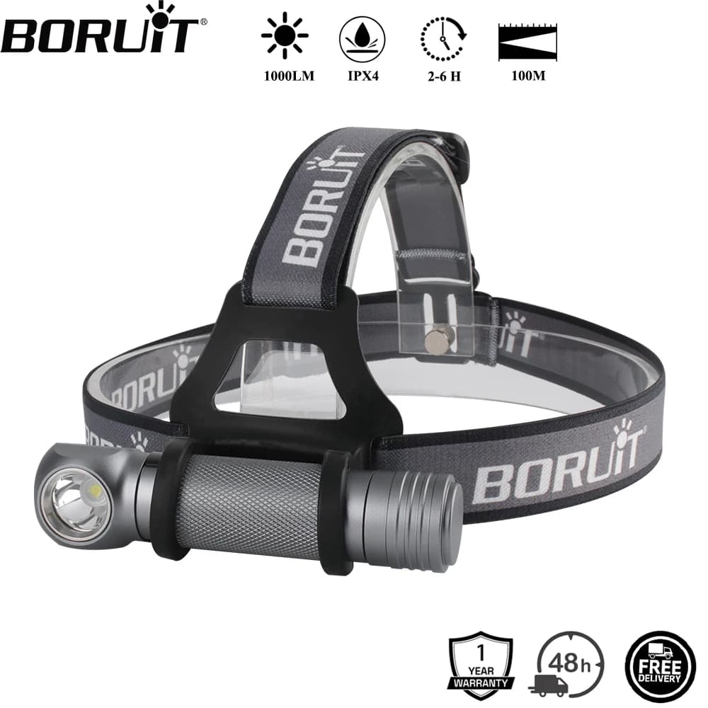 BORUiT 1000LM LED Headlamp Waterproof 3-Mode Right Angle Flashlight Lightweight Powerful Head Torch for Camping And Hunting