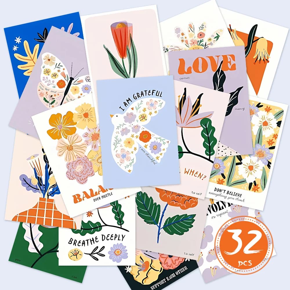 32 pezzi, cartoline floreali astratte artistiche, adatte per regali di compleanno/anniversario, da collezione, giftable e postabili.