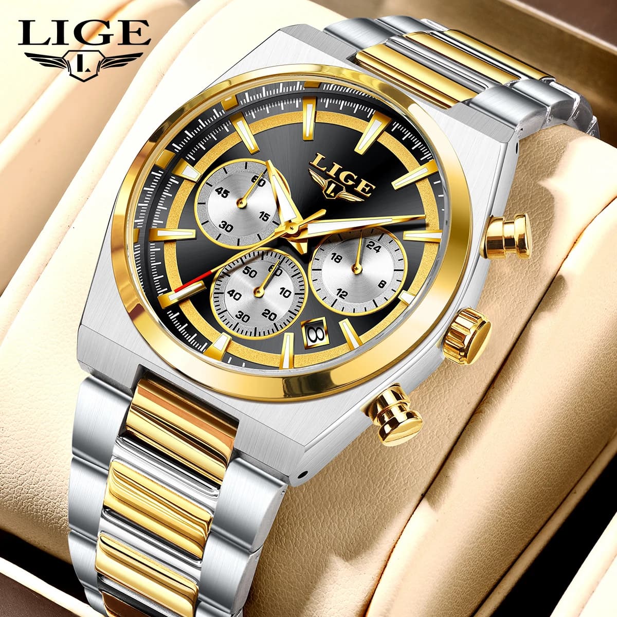LIGE Orologio da uomo al quarzo di lusso alla moda Business Gentleman Cinturino in acciaio inossidabile Data automatica Vita Orologi luminosi impermeabili Uomo + scatola