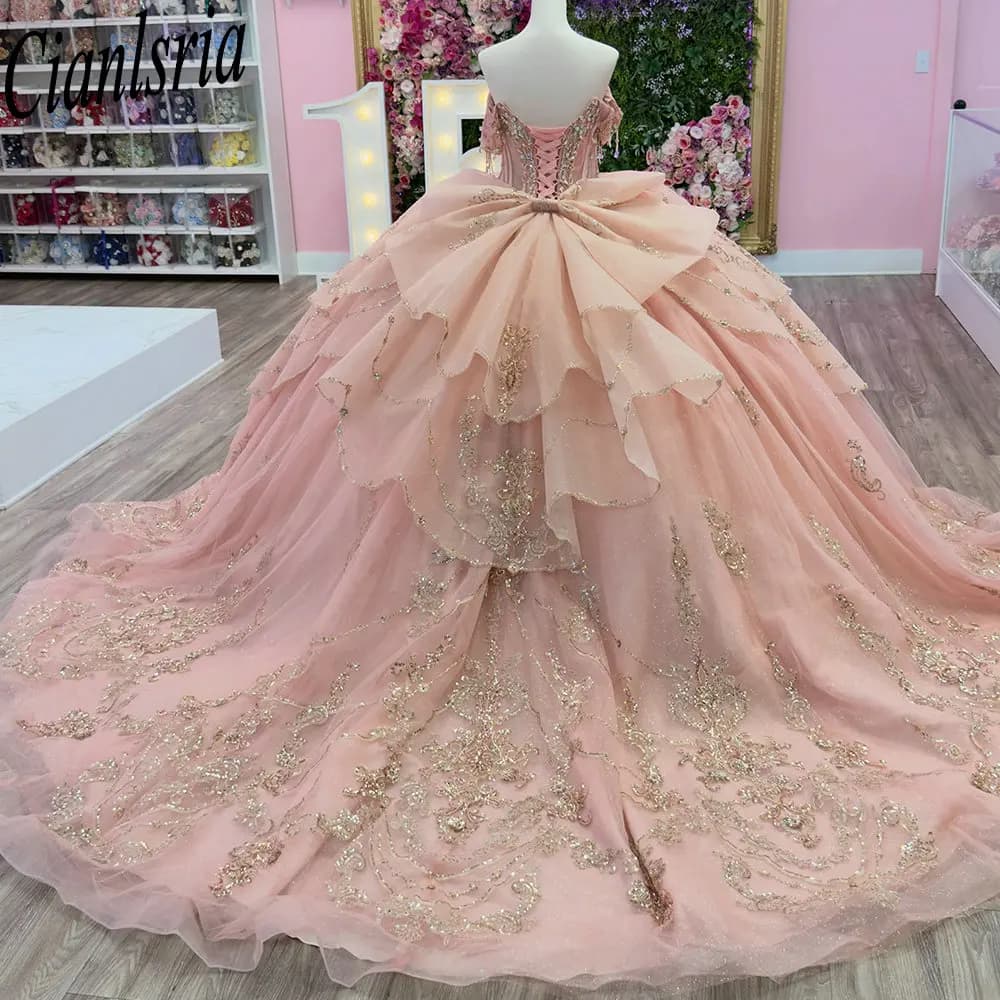 Blush Pink Sweet 15 16 Quinceanera Dress Sparkly Gold Lace Rhinestone Beaded Corset Back Ball Gown Vestidos De XV Anos