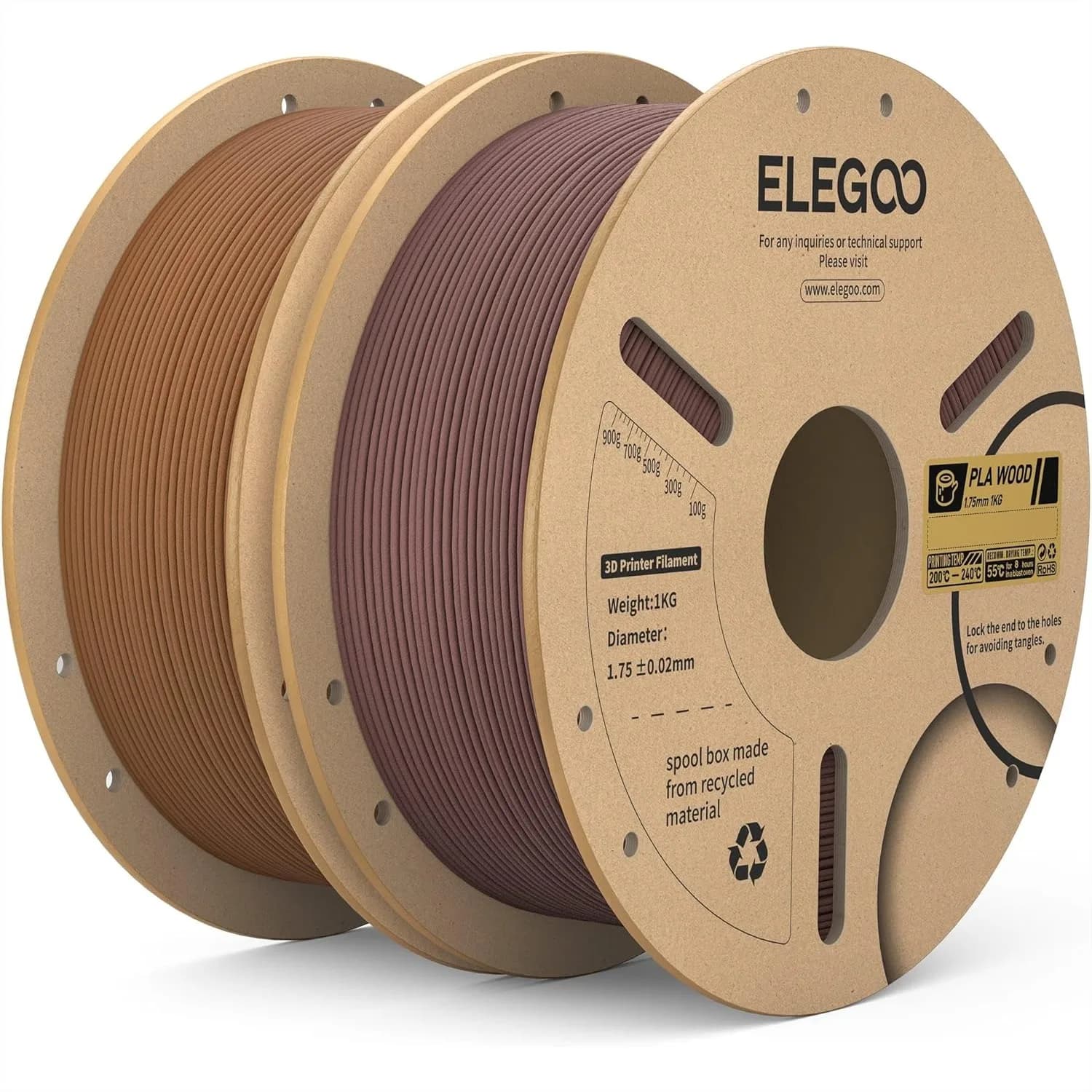 Filamento PLA 1.75mm Noce e Teak 2KG, Filamento per Stampante 3D con Polvere di Legno Reale, 2 Bobine da 1kg per Stampanti FDM