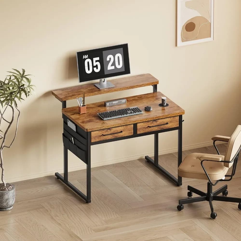 Compact Desk with Drawers and Monitor Stand for Small Spaces, Office, Bedroom and Vanity Use