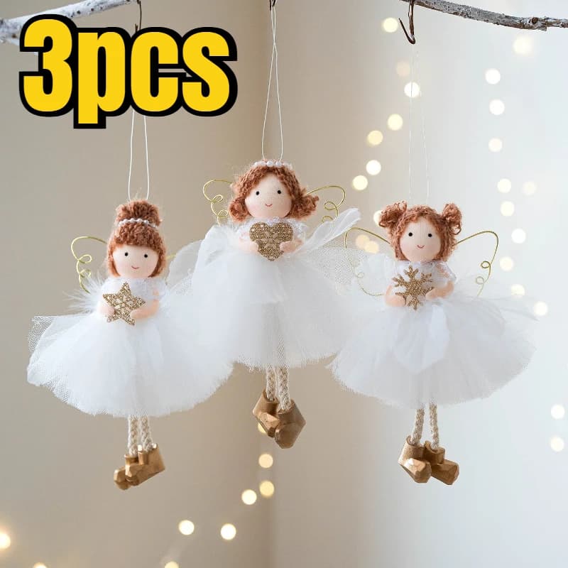 3Pcs Christmas decoration pendant white mesh skirt golden wings angel girl pendant Christmas tree atmosphere decoration pendant