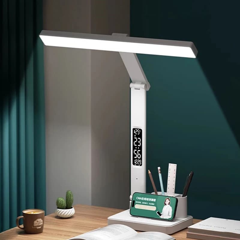 Table lamp with LED watch Rechargeable dimmable desk lamp via USB 2 heads 180 Foldable wheel Eye protection Night light reading