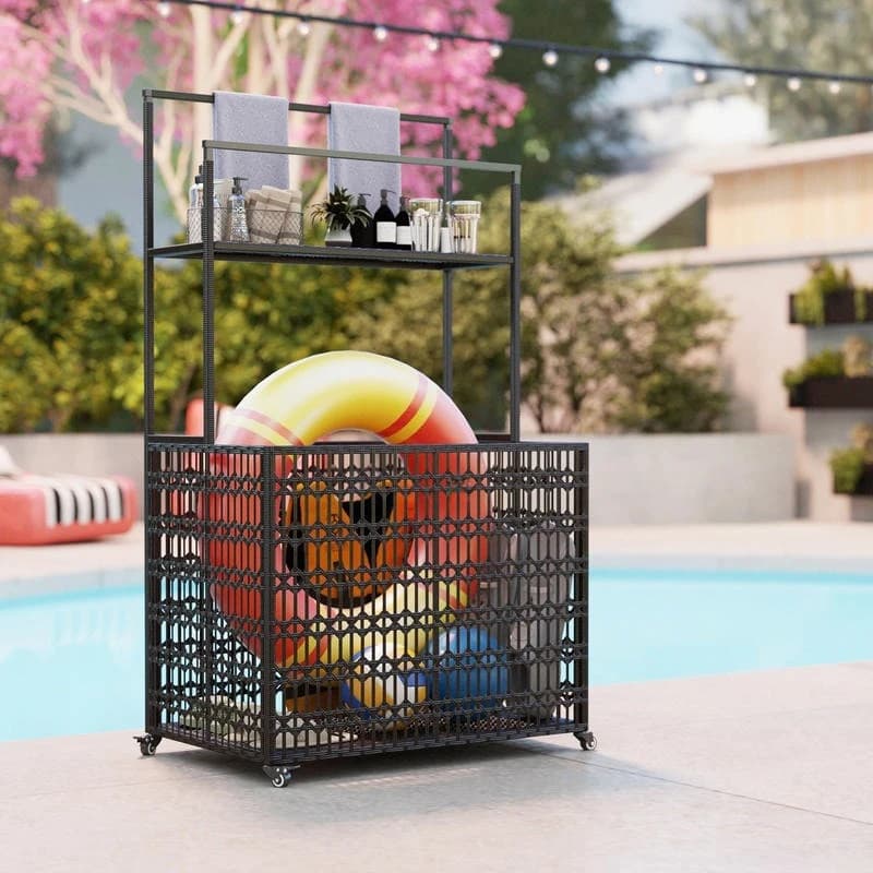 Wicker Pool Float Storage Organizer, PE Rattan Pool Float Holder with Basket Shelf Towel Bars, Rolling Pool Caddy for Floaties, Noodles, Life Vests, Beach Balls, Brown