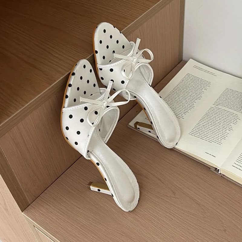 Eilyken Butterfly-kont Polka Dot Silk Thin Heels Women Slippers Fashion Banquet Dress Slide Shoes Summer Zapatos De Mujer