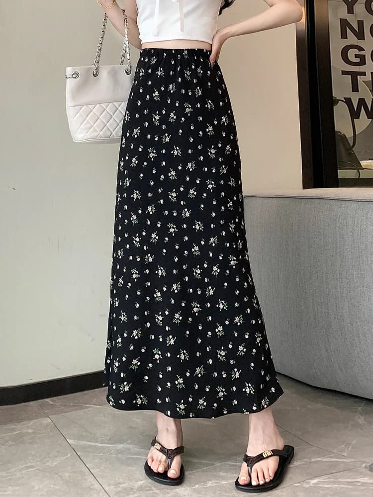 Floral Print High Waist Midi Skirt Women's Summer New Style Elastic Waist Drapey Hiding Hip Slimming Gentle Temperament A-Lin...