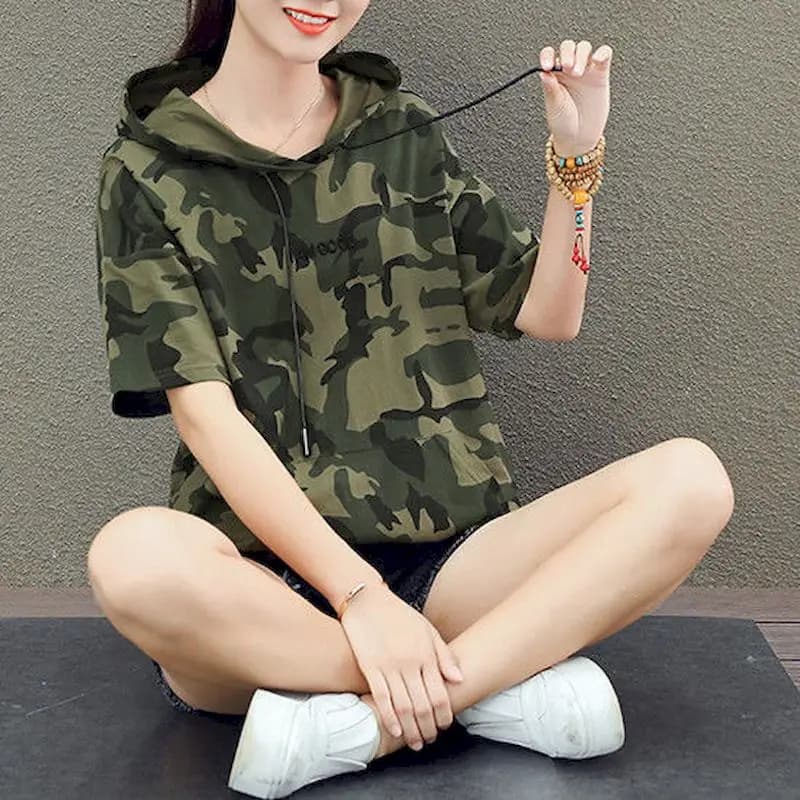 Summer Korean Style Tops Loose Thin Camouflage Uniform Student Tops Hooded T-shirt Women Camouflage Short-sleeved Cotton T Shirt