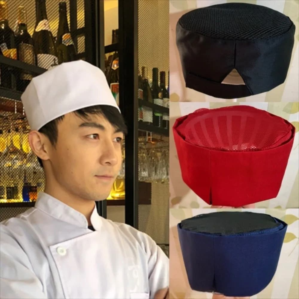 Japanese-Style Breathable Sushi Cap Mesh Solid Color Chef Hat No Eaves Wear Resistant Chef Flat Top Caps
