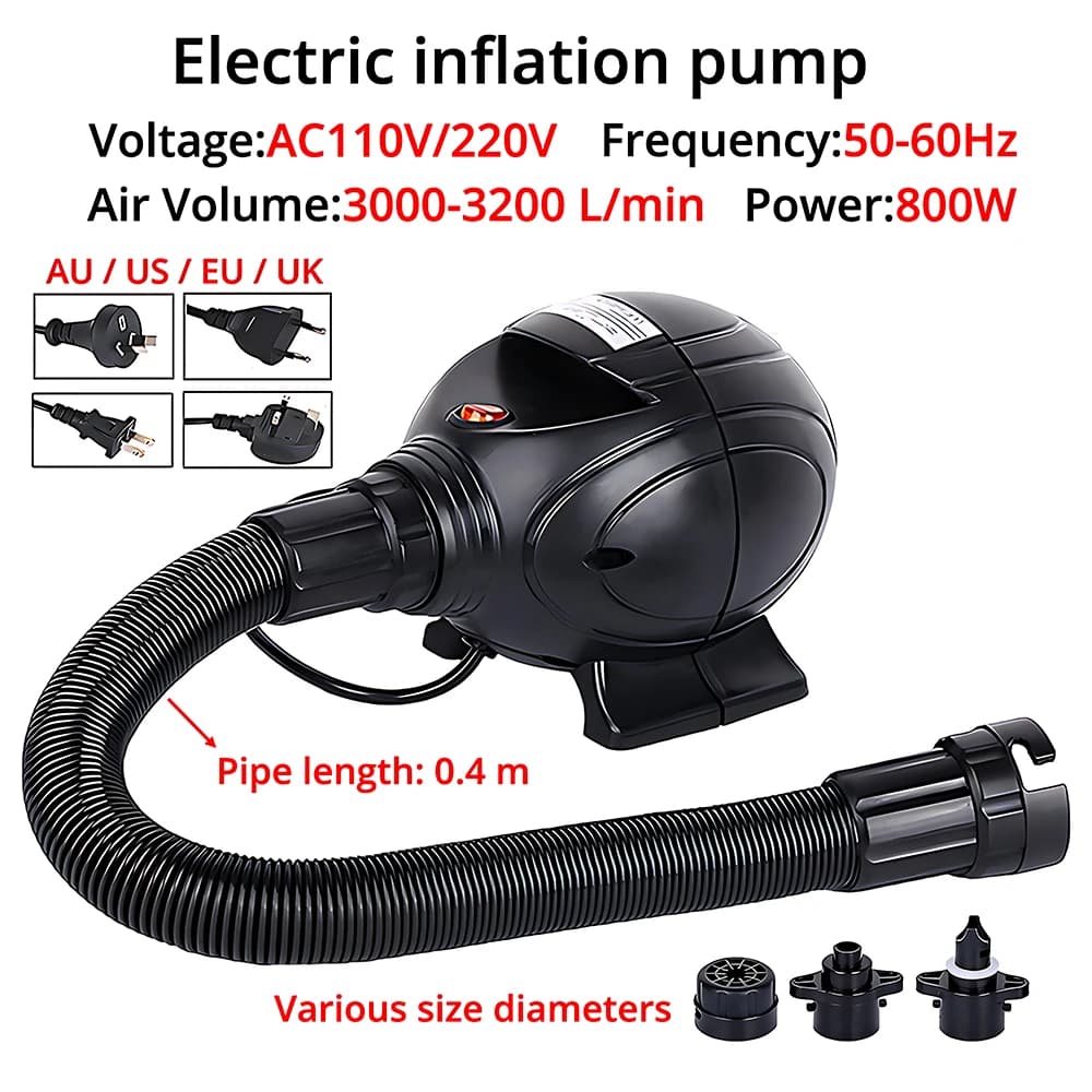 800W 2-in-1 electric air pump for inflating and deflating, AC110/220V voltage, with AU US EU UK plug, for swimming pool, boat, yoga mat, vacuum bag, air mattress