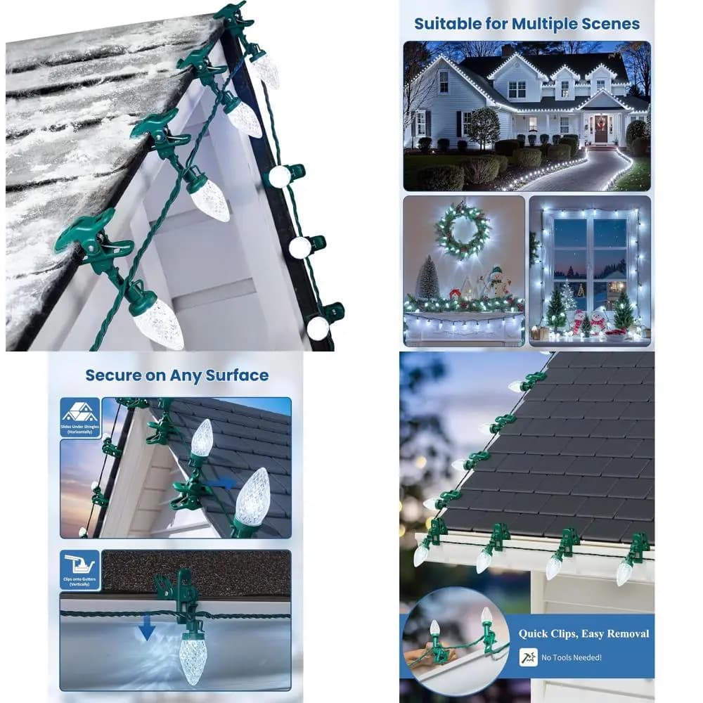 Luci natalizie da esterno a 100 LED, stringa estensibile impermeabile da 68 piedi con morsetti, bianco puro per linea di tetto, patio, decorazioni per la casa