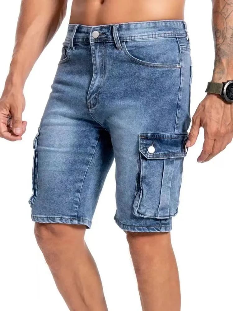 Men's Summer jeans shorts stretched slim cargo jeans fashion big pockets Bermuda solid color men's casual short pants