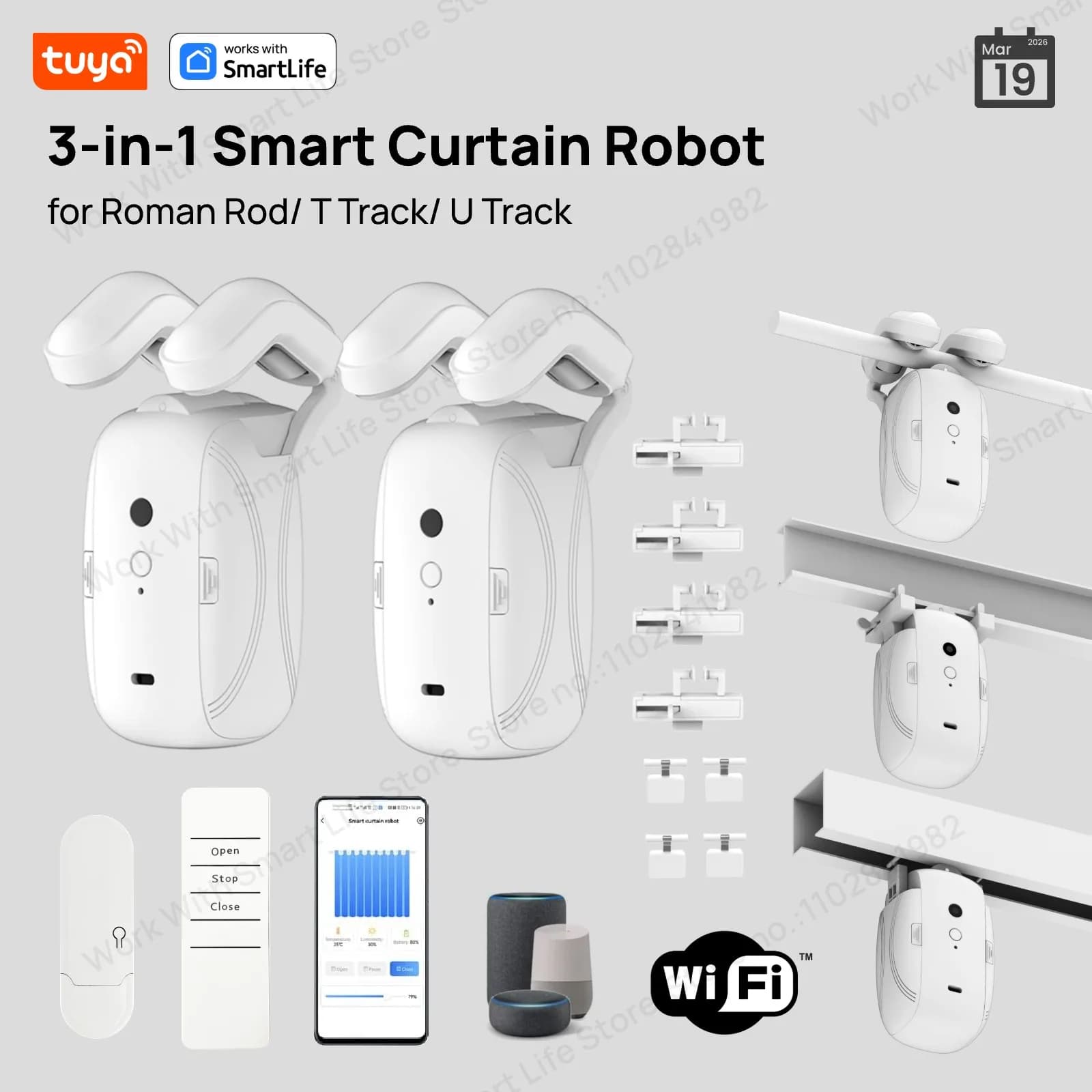Tuya Smart Curtain Robot Curtain Motor 3-in-1 Tuya APP/interruttore temporizzato con telecomando, pull-to-start per binari romani T U