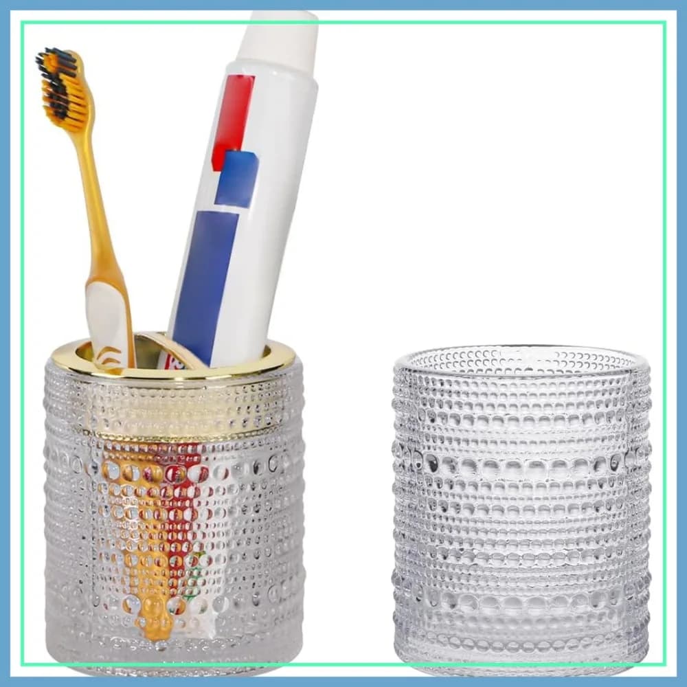 Portaspazzolini Trasparenti, Set di 2 Bicchieri in Vetro, Organizer da Bagno Dorato da 10oz per Spazzolini e Rasoi