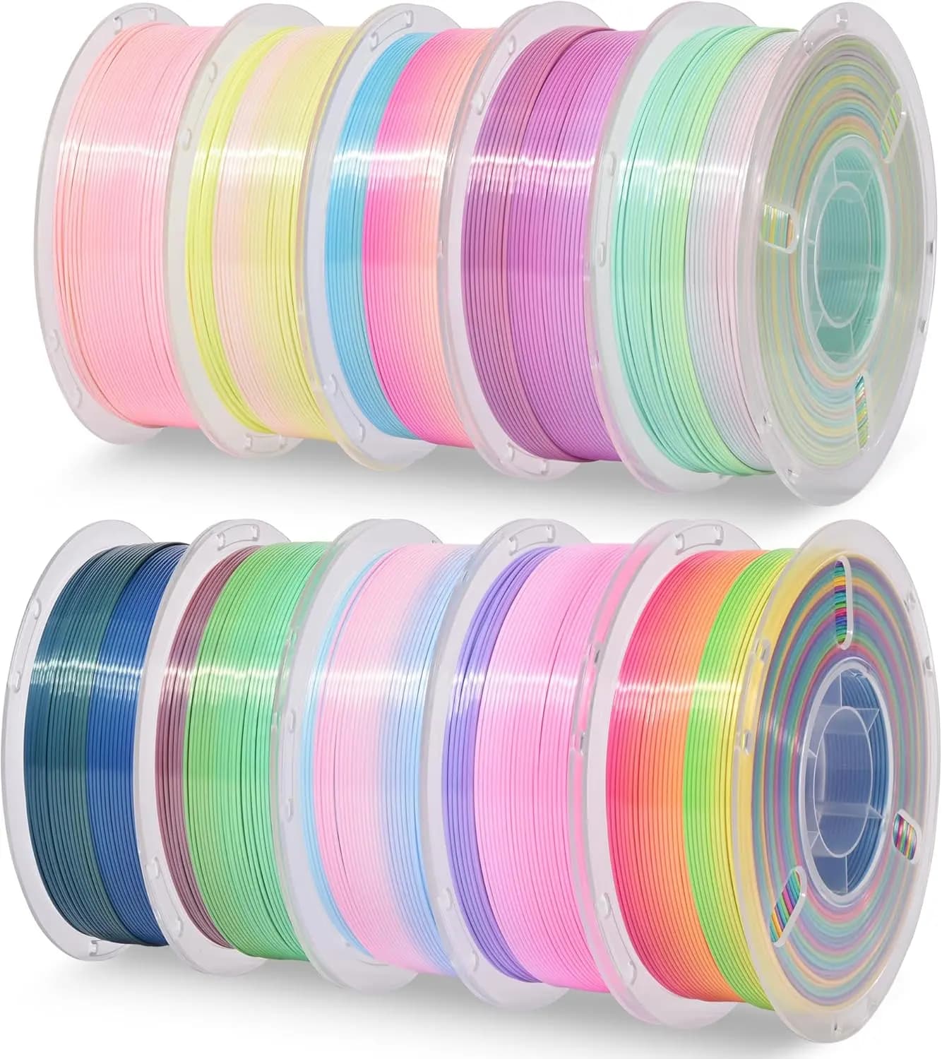 Filamento PLA Silk Rainbow per Stampanti 3D, Set da 10 Colori, 10kg Totali, 1.75mm Multicolore Sfumato per Stampanti FDM, 1KG Bobina x 10