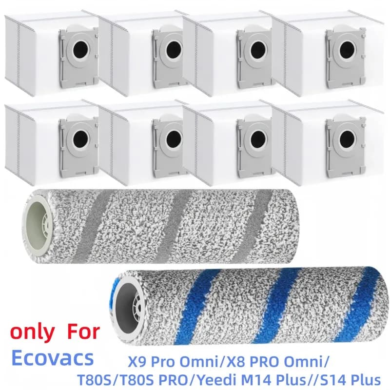 8 Dust Bags + 2 Roller Mops Only For Ecovacs T80S/T80S PRO/X9 Pro Omni/Yeedi M14 Plus/X8 PRO Omni/S14 Plus Vacuum Cleaners