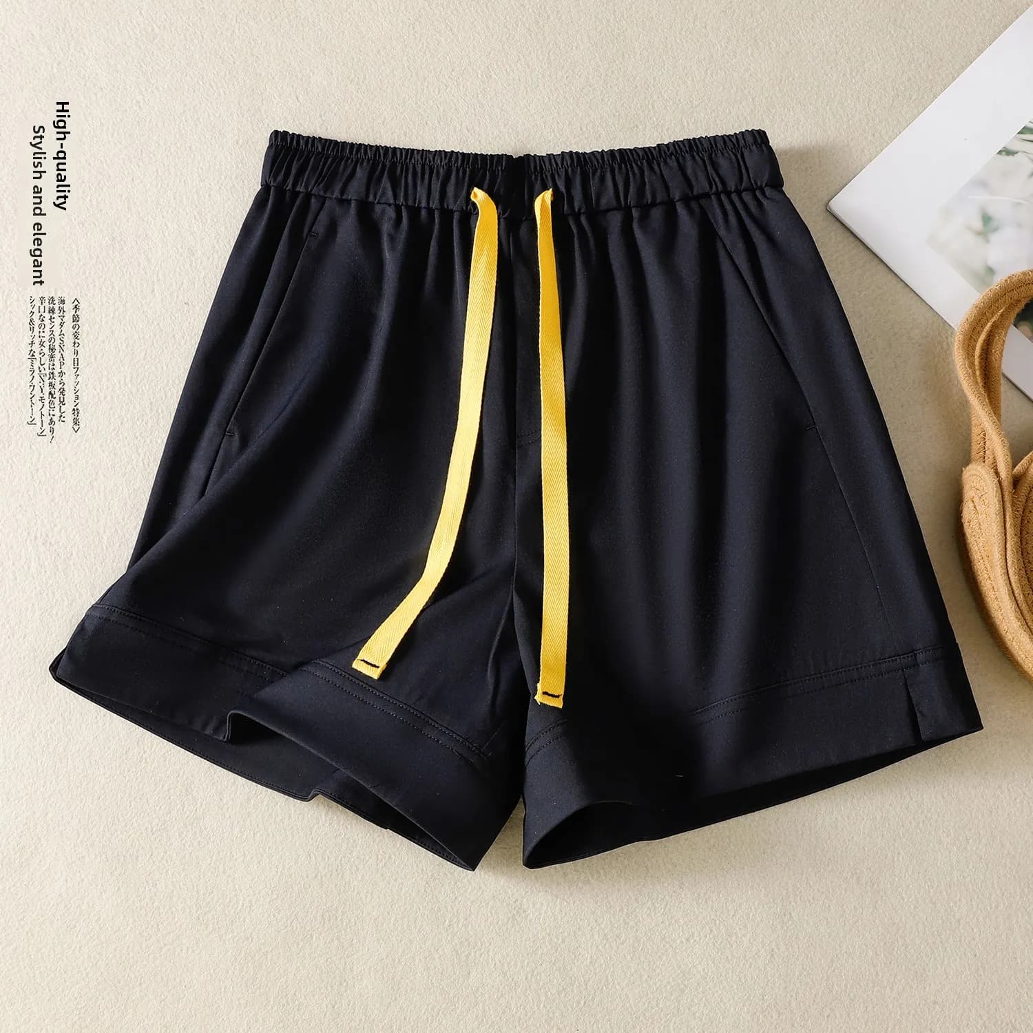 Casual Black Drawstring Shorts Women's Summer Color Block Drawstring Design Loose Slimming Fashionable Versatile Shorts