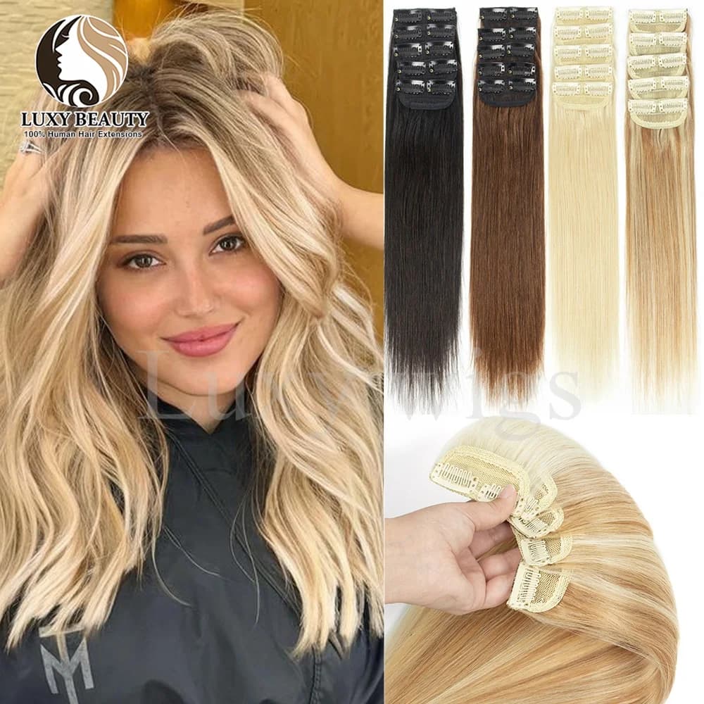 Blonde Clip in Hair 5pieces Short Clip In Hair Extensions Real Human Hair Brown Invisible Mini Short Clip in Hairpiece for Women