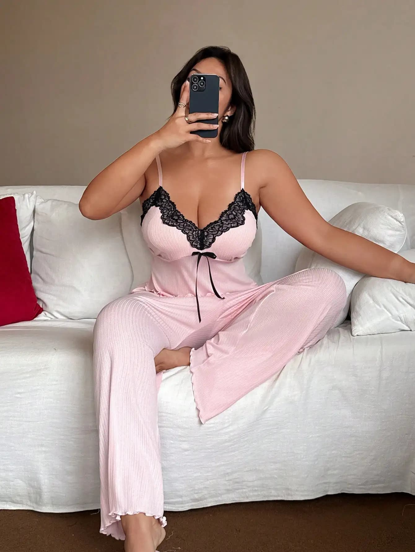 Pink Lace Trim Camisole & Wide Leg Ribbed Pajama Set for Women