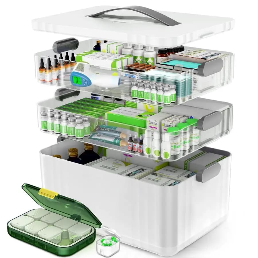 Organizzatore di medicinali, armadietto portatile per medicinali con maniglia in plastica, scatola medica multiuso con portapillole, kit di pronto soccorso vuoto per