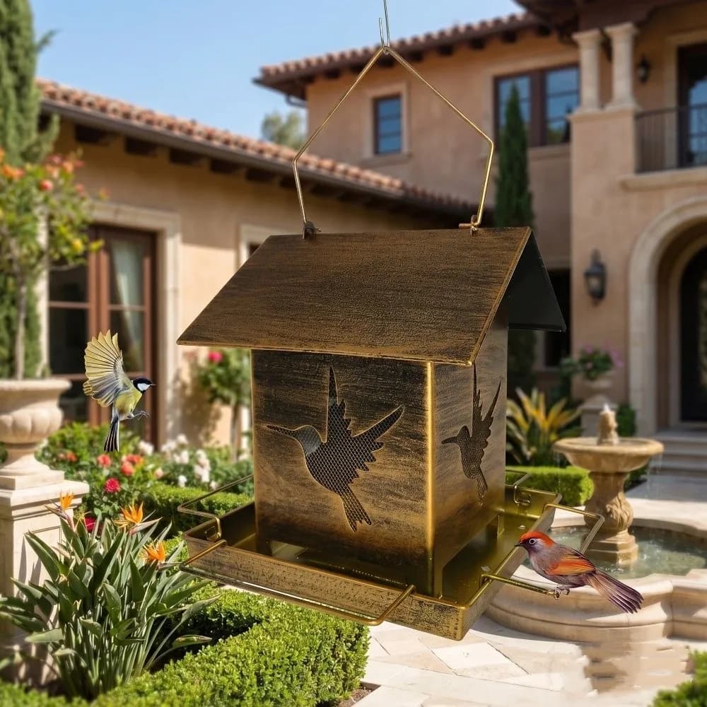 Windproof Hanging Metal Bird Feeder Large Capacity Bird Pattern Bird Food Container Iron Leak-Proof Bird Feeding Station