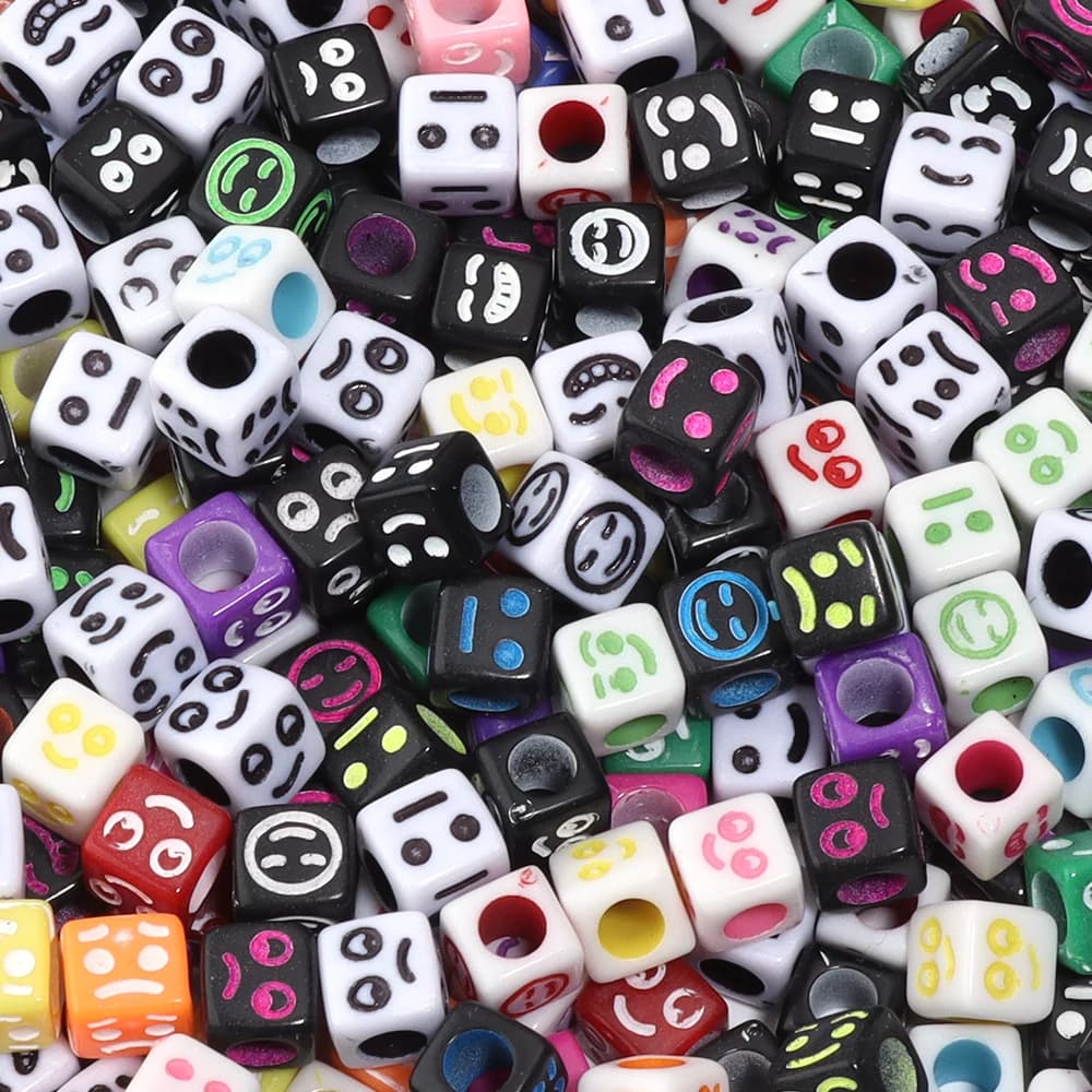 100Pcs 6x6mm Rainbow Acrylic Cube Smile Face Beads Big Hole Loose Spacer Beads For DIY Jewelry Making Bracelet Necklace Supplies