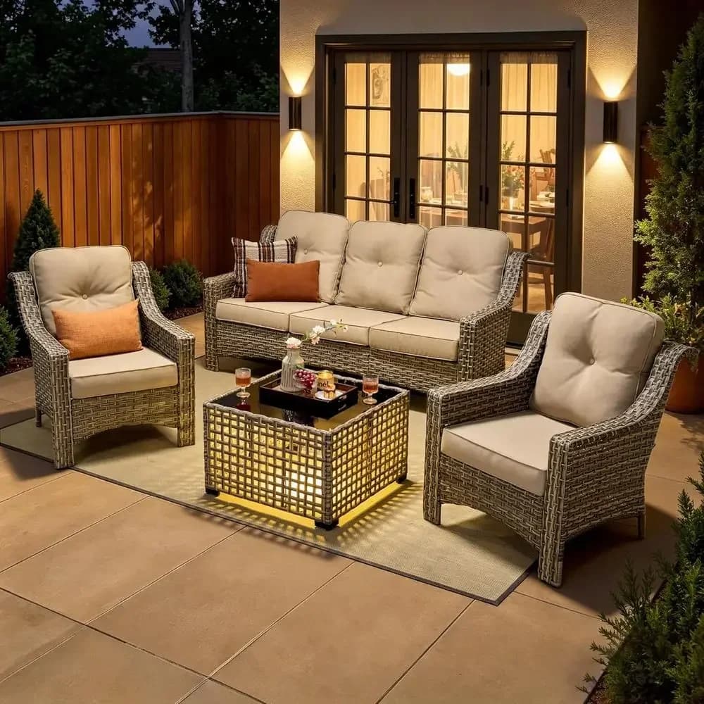 4 Piece Patio urniture Set with r Light Coee Table, Heavy Duty Wicker High Back Soa Chairs with Thick Cushion, Small Outdoor Con