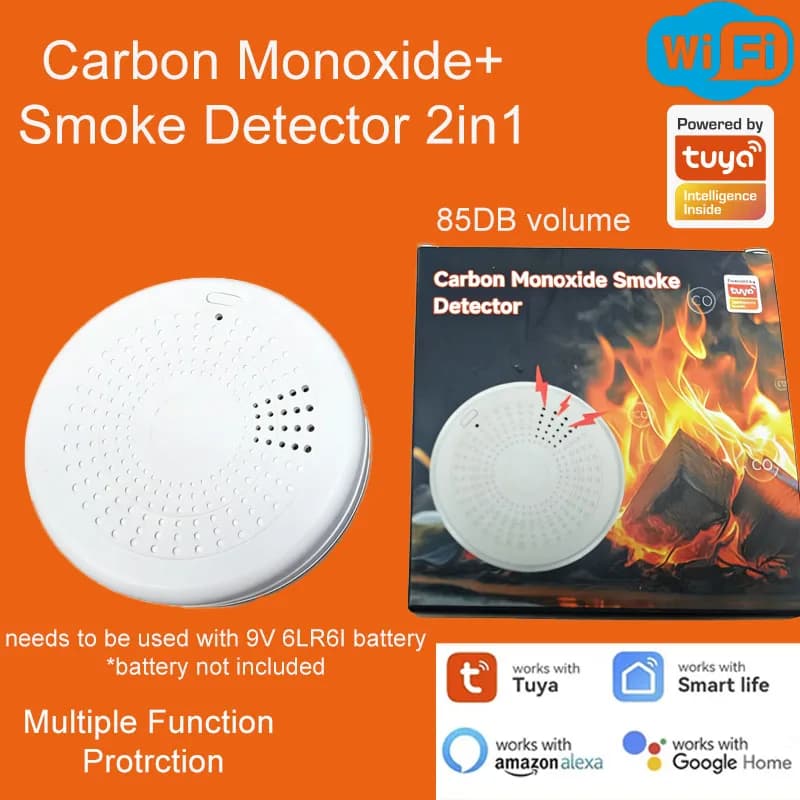 2 in 1 Smart WiFi Carbon Monoxide Smoke Alarm Detector with Sound Alert High Precision Fire Safety Sensor Easy Installation for