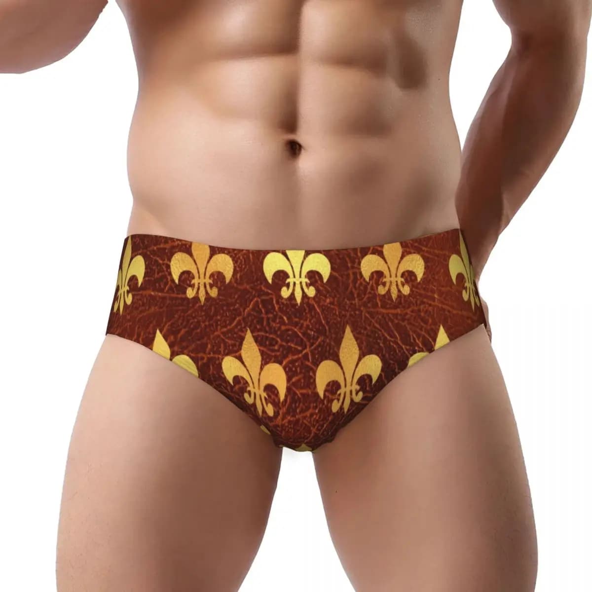 Slip Fleur De Lis in pelle marrone oro reale personalizzati Intimo da uomo Mutandine con fiori di giglio elasticizzate traspiranti