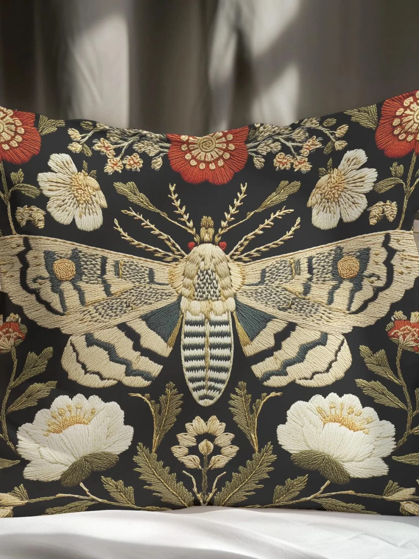 1pc Dark Academia Moth Pillow Cover,Gothic Botanical Non-Real Embroidered Look,Double-Sided Print