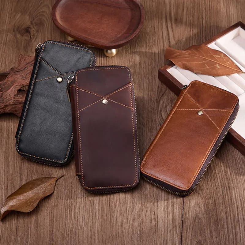 Creative Genuine Leather Zippered Fountain Pen Case Portable Business Pen Pouch Multifunctional Student Stationery Bag